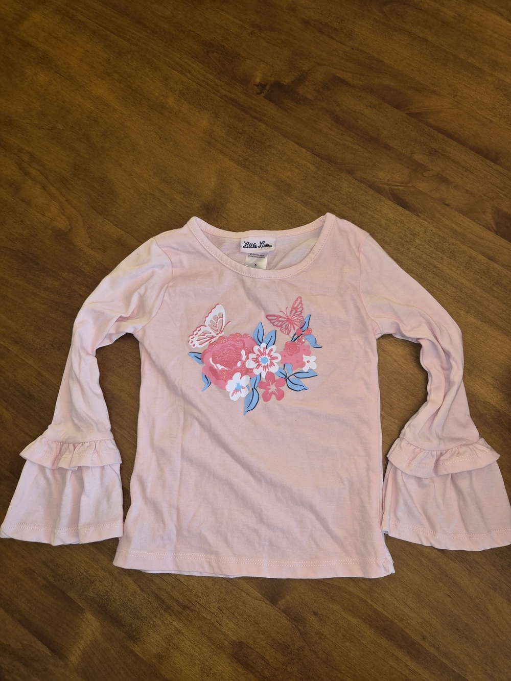 Peach Long Ruffled Bell Sleeve Shirt With Floral Butterfly Motif Sz 5